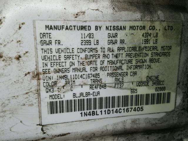 1N4BL11D14C167405 - 2004 NISSAN ALTIMA SE WHITE photo 10