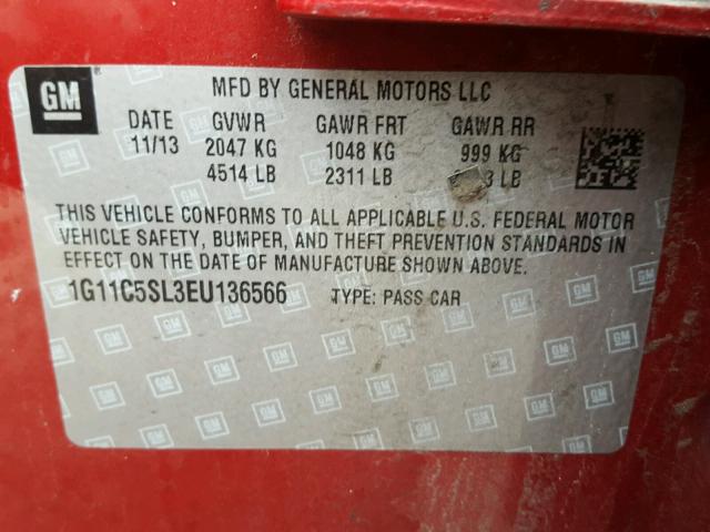 1G11C5SL3EU136566 - 2014 CHEVROLET MALIBU 1LT 红色 照片 10