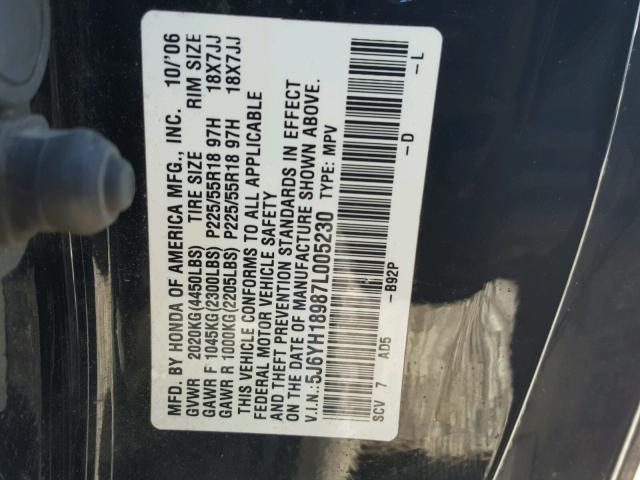 5J6YH18987L005230 - 2007 HONDA ELEMENT SC BLACK photo 10