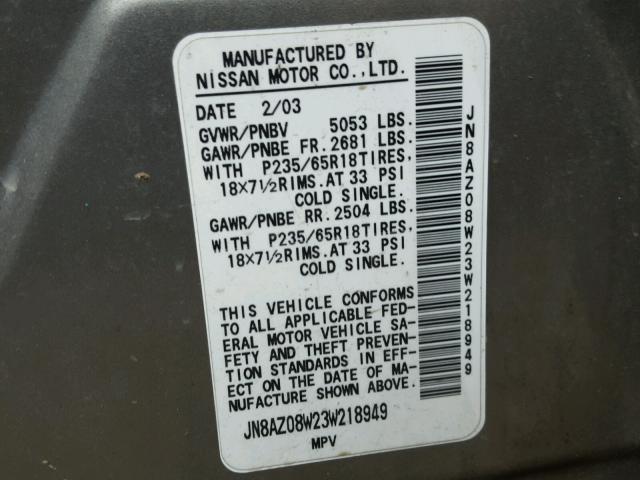 JN8AZ08W23W218949 - 2003 NISSAN MURANO SL BROWN photo 10