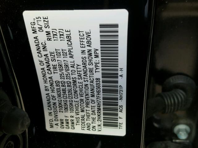 2HKRM4H77FH656938 - 2015 HONDA CR-V EXL BLACK photo 10