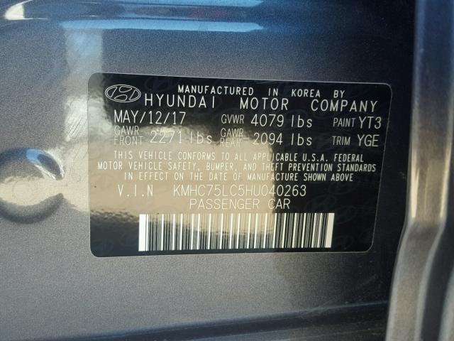 KMHC75LC5HU040263 - 2017 HYUNDAI IONIQ SEL GRAY photo 10