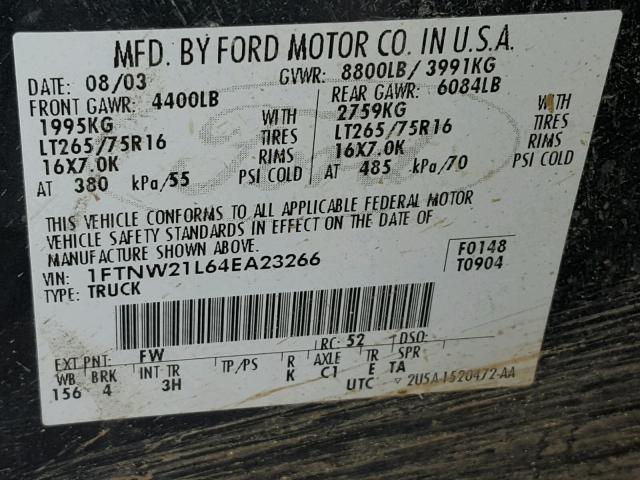 1FTNW21L64EA23266 - 2004 FORD F250 SUPER GRAY photo 10