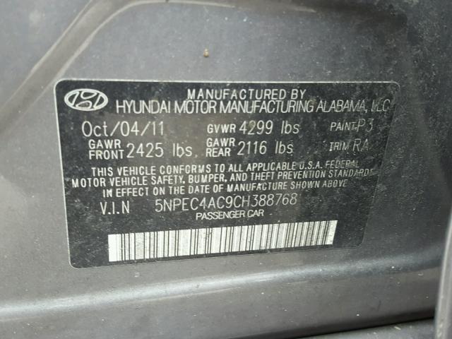 5NPEC4AC9CH388768 - 2012 HYUNDAI SONATA SE GRAY photo 10