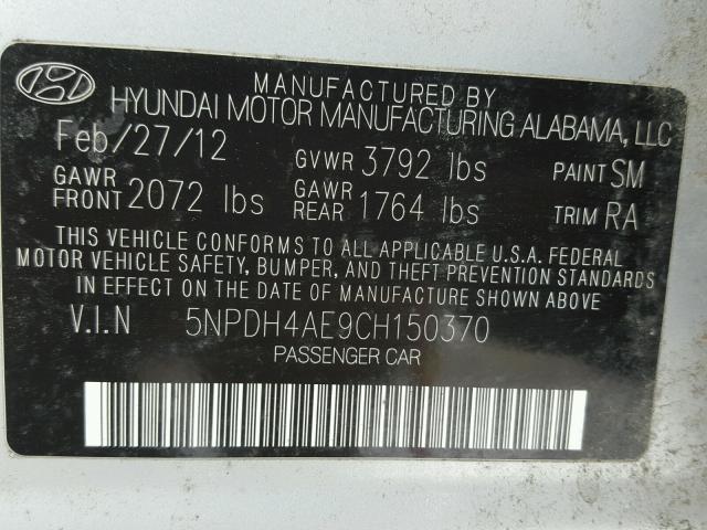 5NPDH4AE9CH150370 - 2012 HYUNDAI ELANTRA GL SILVER photo 10