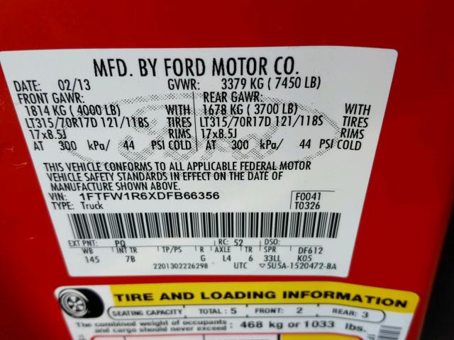 1FTFW1R6XDFB66356 - 2013 FORD F150 SVT R RED photo 10