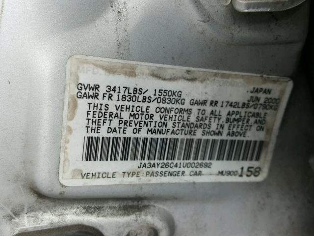 JA3AY26C41U002692 - 2001 MITSUBISHI MIRAGE ES SILVER photo 10