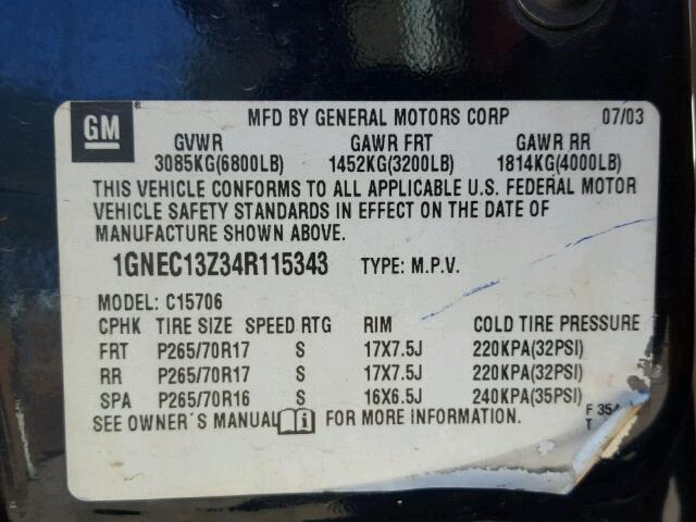 1GNEC13Z34R115343 - 2004 CHEVROLET TAHOE C150 BLUE photo 10