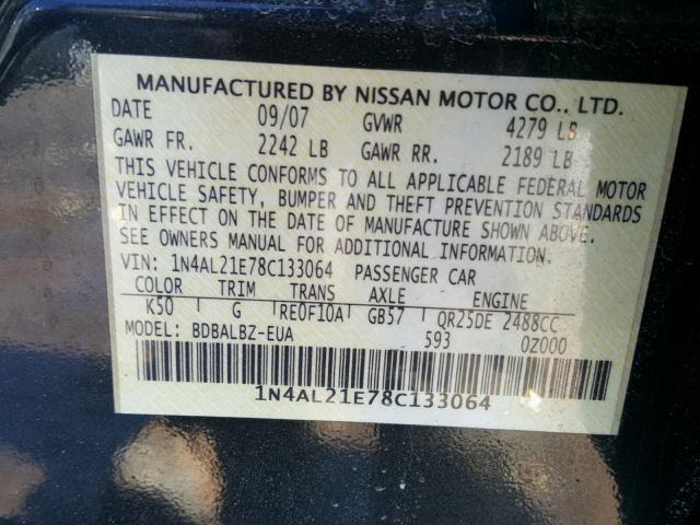 1N4AL21E78C133064 - 2008 NISSAN ALTIMA 2.5 CHARCOAL photo 10