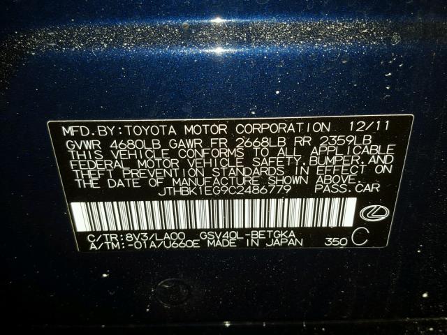 JTHBK1EG9C2486779 - 2012 LEXUS ES 350 BLUE photo 10