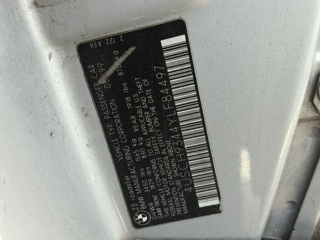 4USCH9344YLF84497 - 2000 BMW Z3 2.3 ვერცხლისფერი ფოტო 10