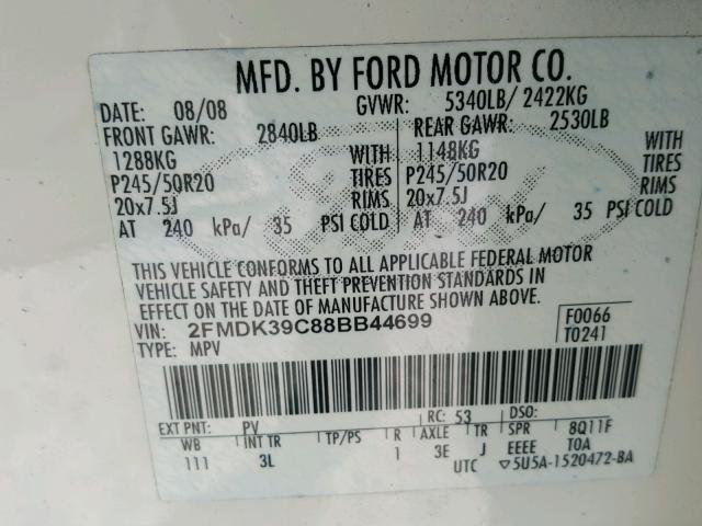 2FMDK39C88BB44699 - 2008 FORD EDGE LIMIT WHITE photo 10