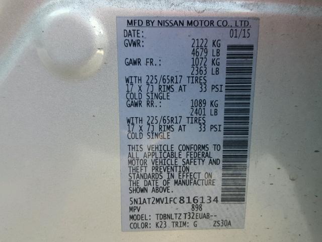 5N1AT2MV1FC816134 - 2015 NISSAN ROGUE S SILVER photo 10