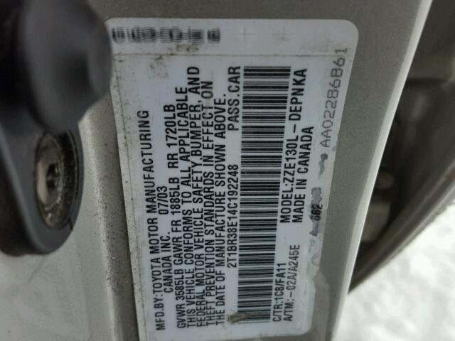 2T1BR38E14C192248 - 2004 TOYOTA COROLLA CE SILVER photo 10