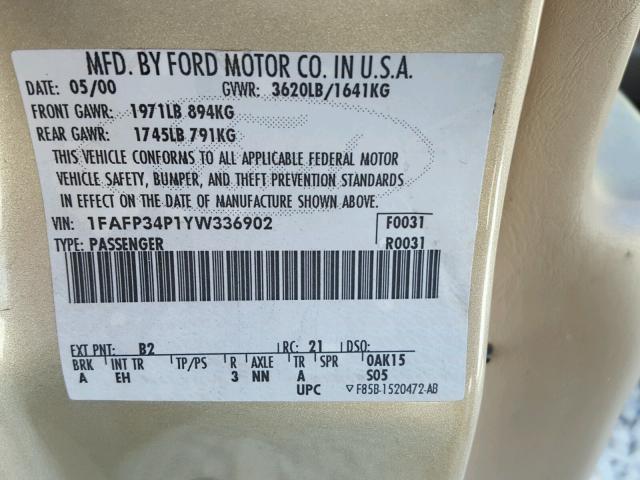 1FAFP34P1YW336902 - 2000 FORD FOCUS SE TAN photo 10