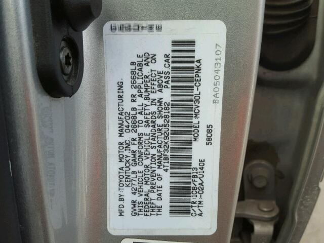 4T1BF32K92U528182 - 2002 TOYOTA CAMRY LE SILVER photo 10