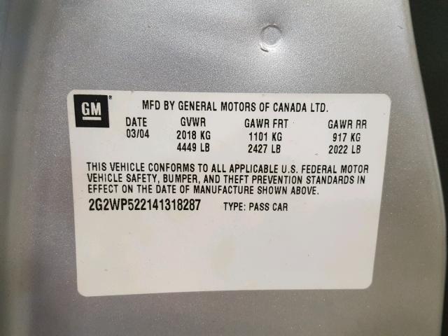 2G2WP522141318287 - 2004 PONTIAC GRAND PRIX SILVER photo 10