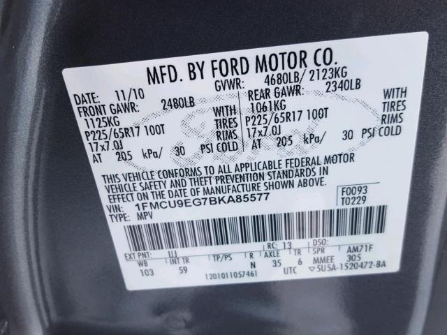 1FMCU9EG7BKA85577 - 2011 FORD ESCAPE LIM GRAY photo 10