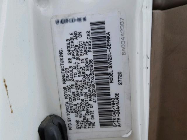 4T1BG22K7XU520838 - 1999 TOYOTA CAMRY CE WHITE photo 10