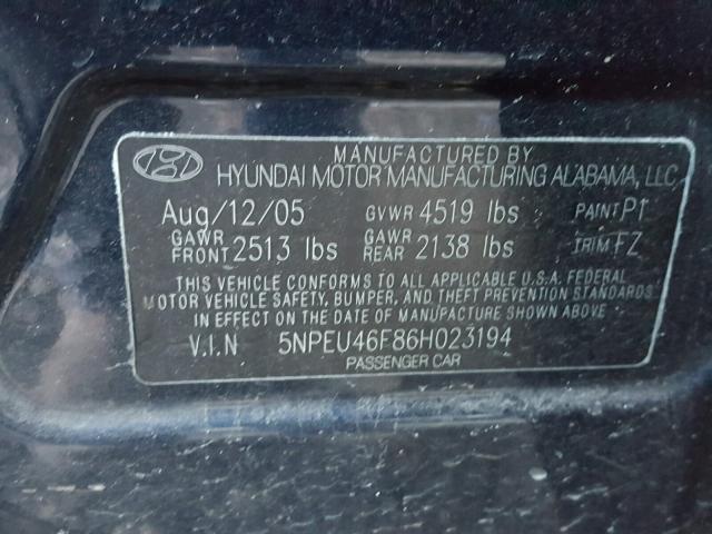 5NPEU46F86H023194 - 2006 HYUNDAI SONATA GLS BLUE photo 10