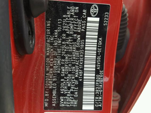 4T4BF1FK9ER351805 - 2014 TOYOTA CAMRY L RED photo 10