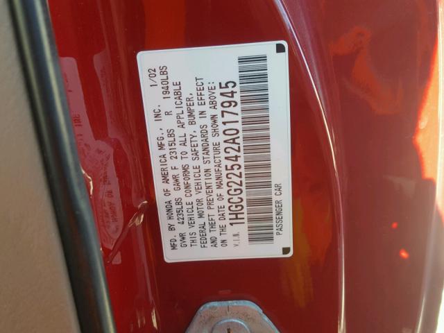 1HGCG22542A017945 - 2002 HONDA ACCORD EX RED photo 10