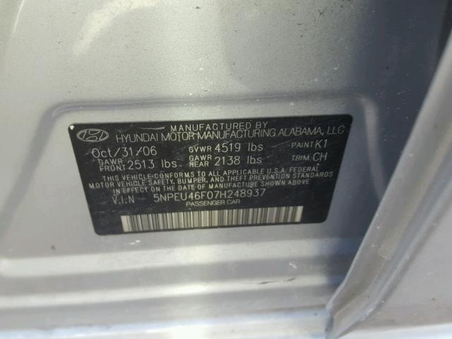 5NPEU46F07H248937 - 2007 HYUNDAI SONATA SE SILVER photo 10