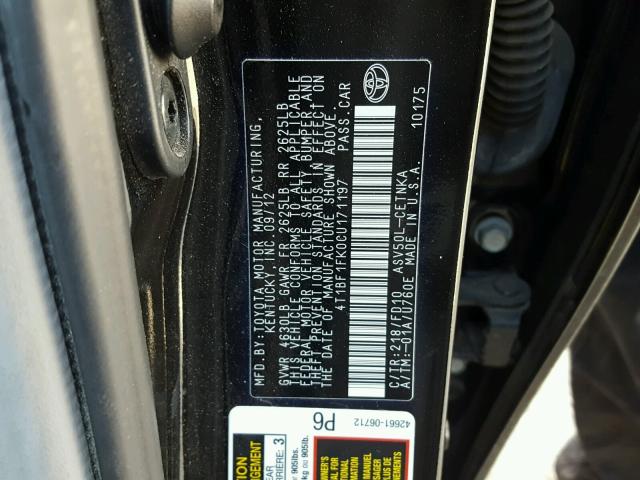 4T1BF1FK0CU171197 - 2012 TOYOTA CAMRY BASE BLACK photo 10