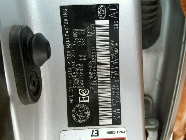 2T1BU4EE0AC479004 - 2010 TOYOTA COROLLA BA SILVER photo 10