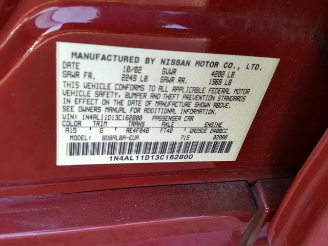 1N4AL11D13C162800 - 2003 NISSAN ALTIMA BAS RED photo 10