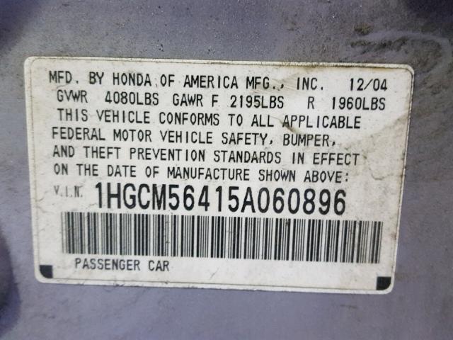 1HGCM56415A060896 - 2005 HONDA ACCORD LX SILVER photo 10