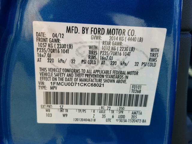 1FMCU0D71CKC68021 - 2012 FORD ESCAPE XLT BLUE photo 10