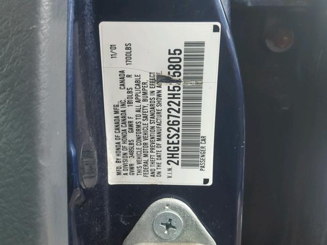 2HGES26722H525805 - 2002 HONDA CIVIC EX 蓝色 照片 10