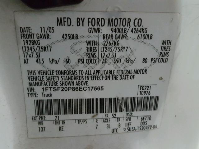 1FTSF20P86EC17565 - 2006 FORD F250 SUPER WHITE photo 10