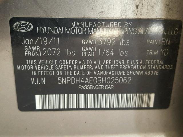 5NPDH4AE0BH025062 - 2011 HYUNDAI ELANTRA GL BROWN photo 10