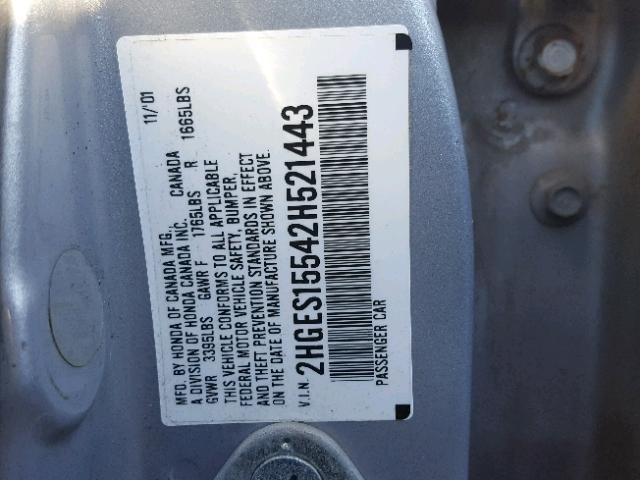 2HGES15542H521443 - 2002 HONDA CIVIC LX SILVER photo 10