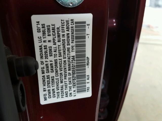 19XFB2F80EE017344 - 2014 HONDA CIVIC EX Bordo foto 10