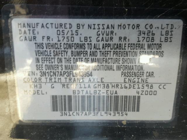 3N1CN7AP3FL943954 - 2015 NISSAN VERSA S BLACK photo 10