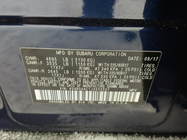 4S4BSAAC1J3233527 - 2018 SUBARU OUTBACK 2. BLUE photo 10