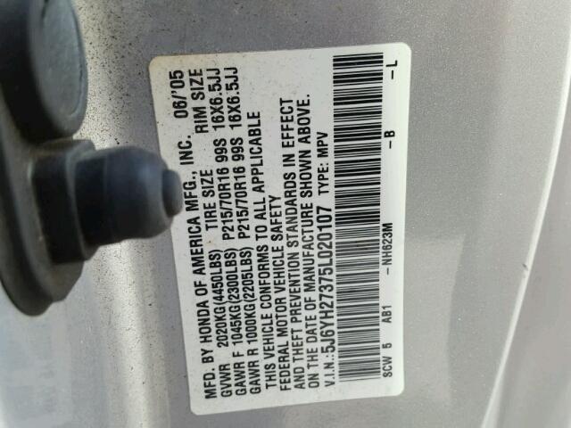 5J6YH27375L020107 - 2005 HONDA ELEMENT LX SILVER photo 10