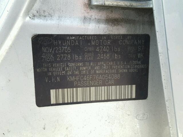 KMHFC46F76A054088 - 2006 HYUNDAI AZERA SE SILVER photo 10