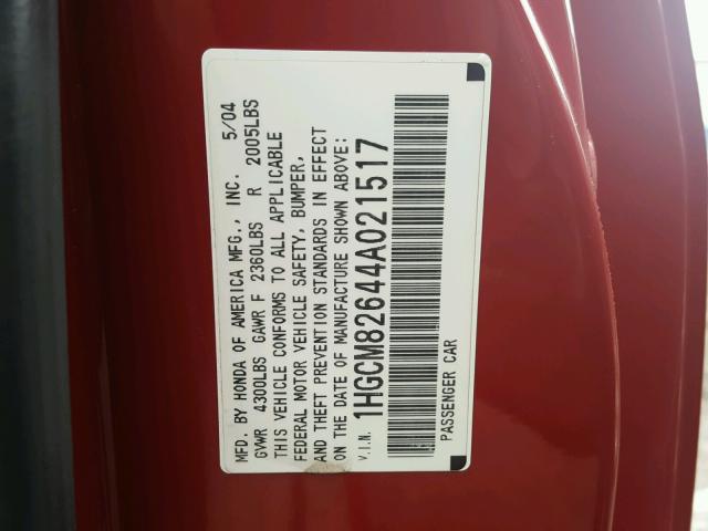 1HGCM82644A021517 - 2004 HONDA ACCORD EX RED photo 10