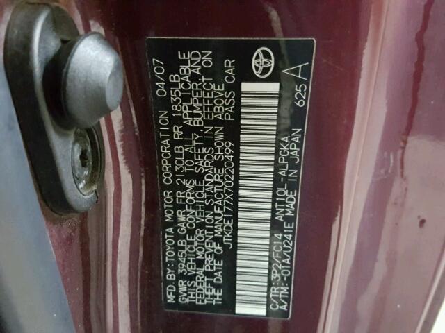 JTKDE177X70220499 - 2007 TOYOTA SCION TC 勃艮第红 照片 10