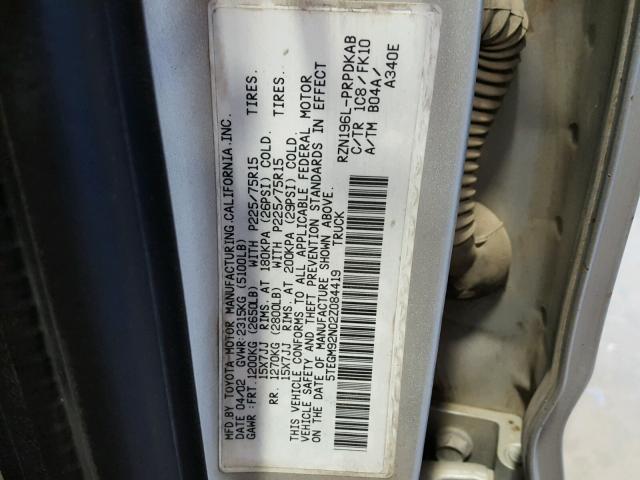 5TEGM92N02Z084419 - 2002 TOYOTA TACOMA DOU SILVER photo 10