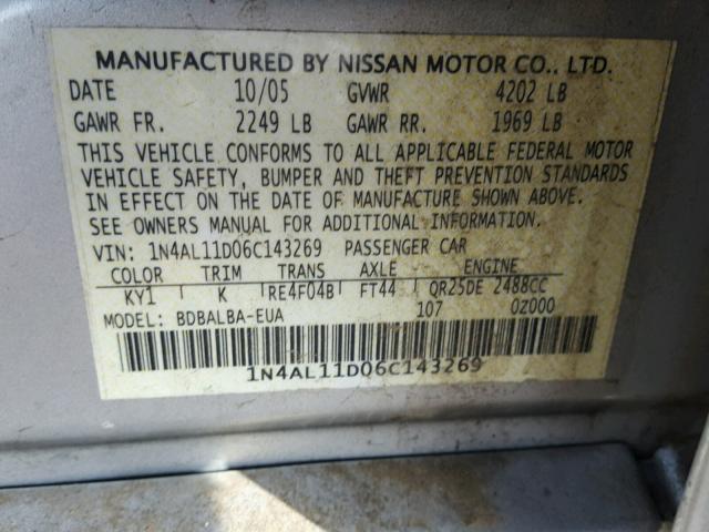 1N4AL11D06C143269 - 2006 NISSAN ALTIMA S SILVER photo 10