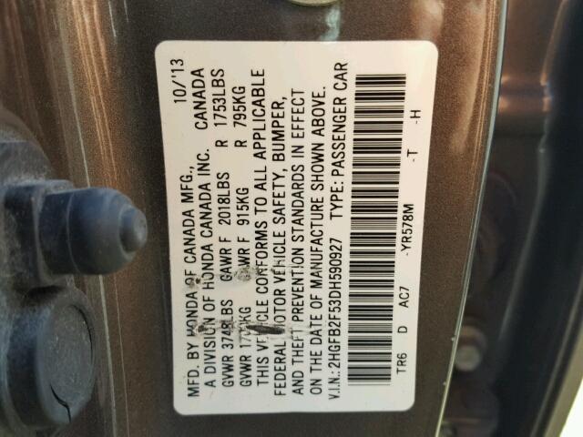 2HGFB2F53DH590927 - 2013 HONDA CIVIC LX GRAY photo 10