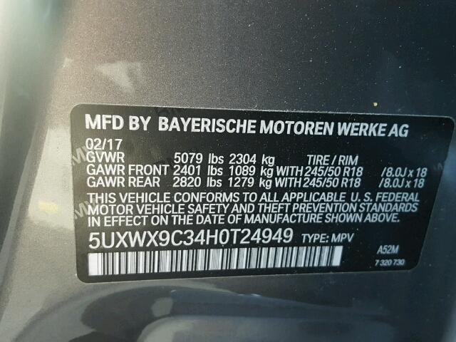 5UXWX9C34H0T24949 - 2017 BMW X3 XDRIVE2 Серый фото 10