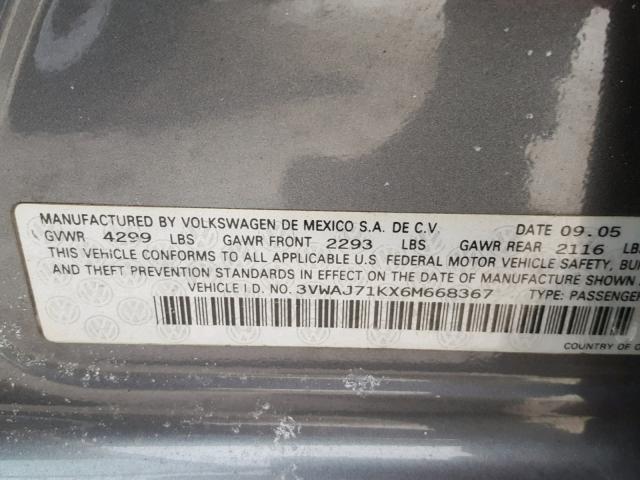 3VWAJ71KX6M668367 - 2006 VOLKSWAGEN JETTA 2.0T GRAY photo 10