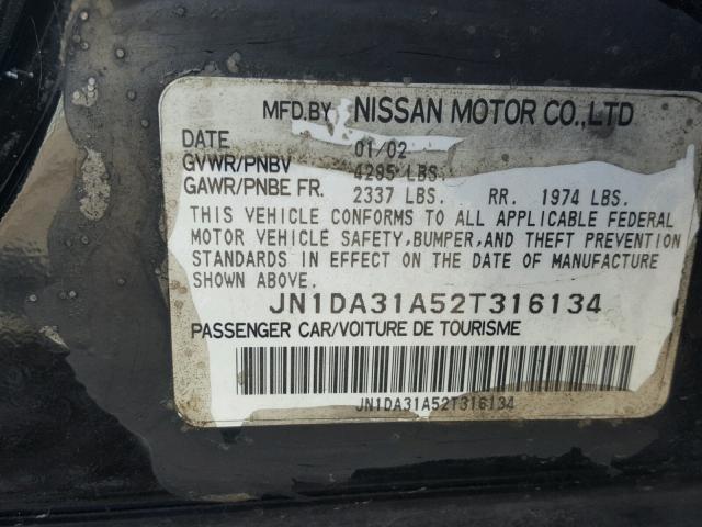 JN1DA31A52T316134 - 2002 NISSAN MAXIMA GLE BLACK photo 10