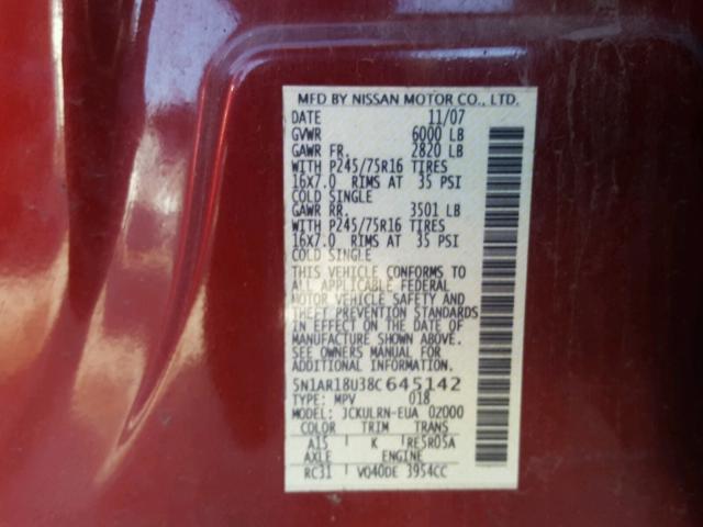 5N1AR18U38C645142 - 2008 NISSAN PATHFINDER RED photo 10